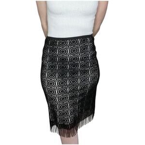 Vintage 90s Bebe Black Lace Fringe Midi Knee Length Stretchy Skirt Small Y2K